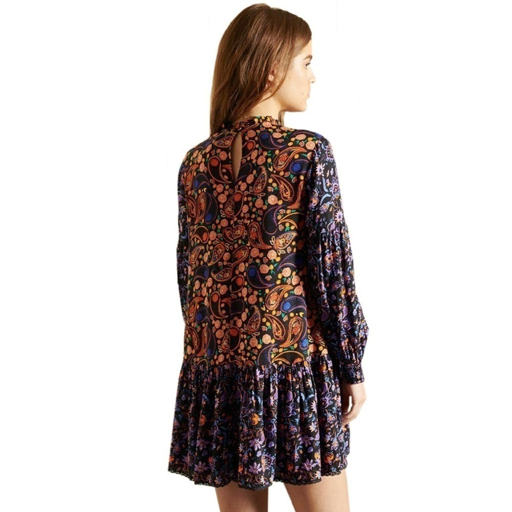 Superdry Multicolor Paisley High Neck Long Sleeve Cottagecore Boho Mini Dress - Picture 6 of 15